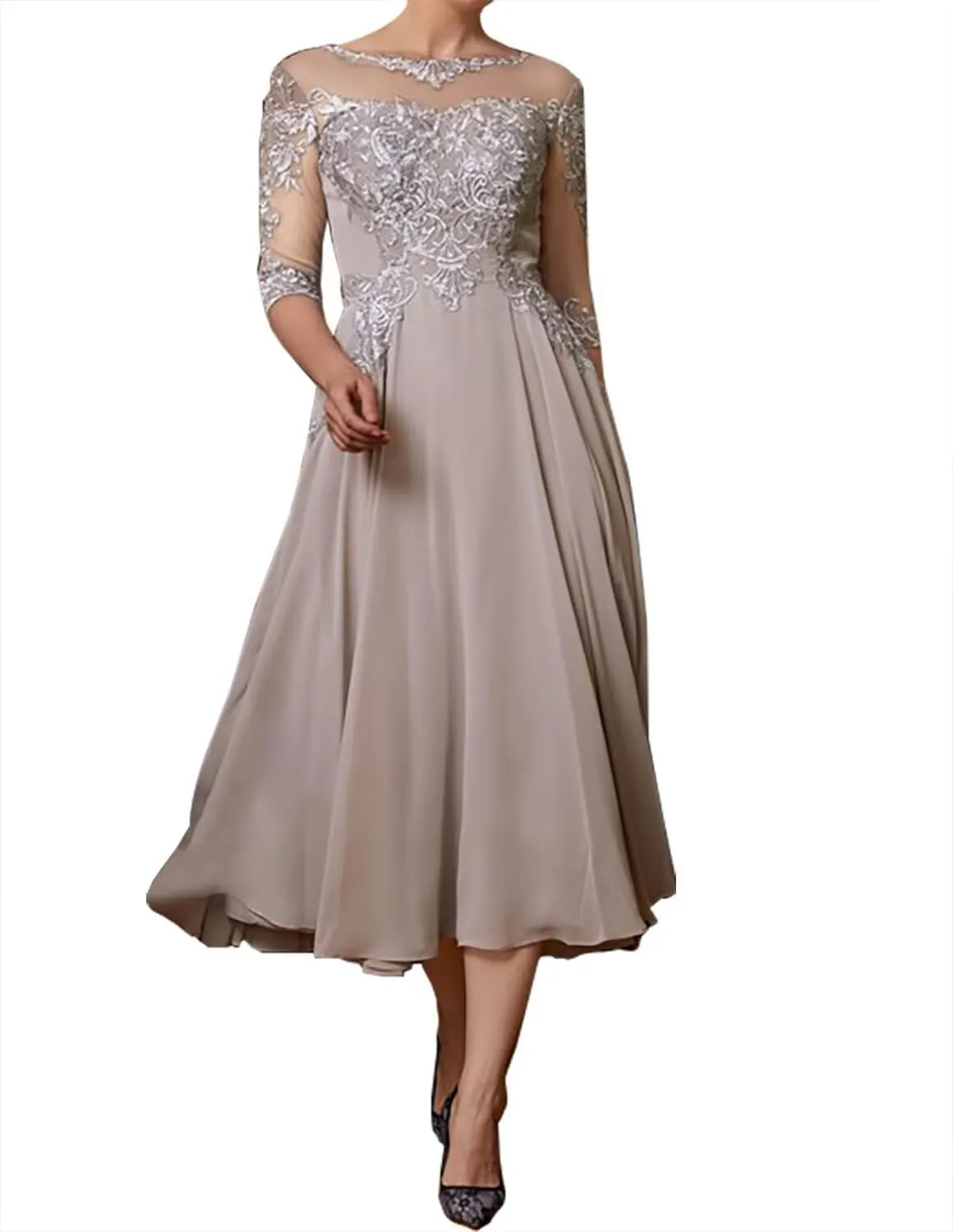 3/4 Sleeves Mother of The Groom Dresses for Wedding Lace Applique Wedding Guest Dresses for Women