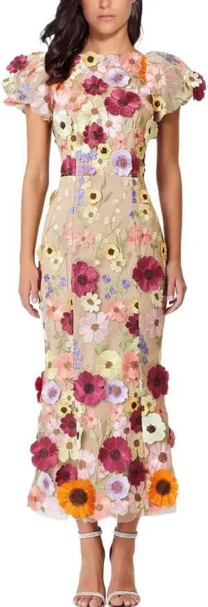3D Floral Embroidery Long Dress Ruffle Sleeve Lace Bodycon Cocktail Dresses for Women