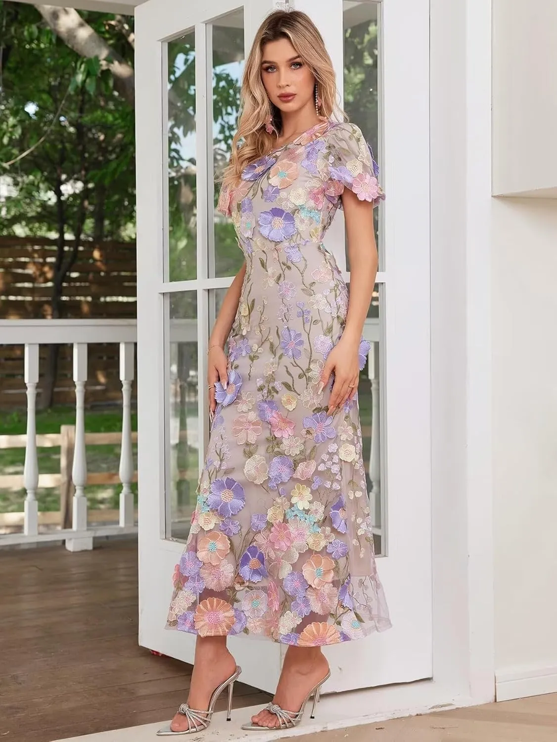 3D Floral Embroidery Long Dress Ruffle Sleeve Lace Bodycon Cocktail Dresses for Women