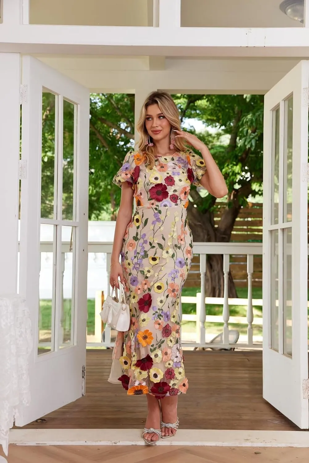 3D Floral Embroidery Long Dress Ruffle Sleeve Lace Bodycon Cocktail Dresses for Women
