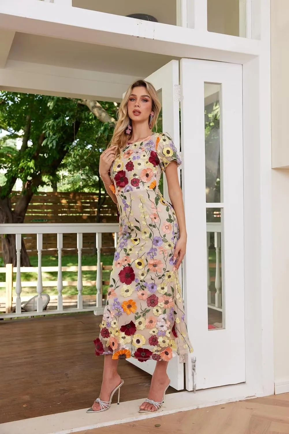 3D Floral Embroidery Long Dress Ruffle Sleeve Lace Bodycon Cocktail Dresses for Women