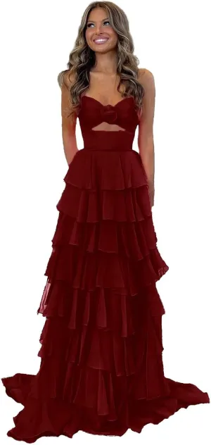 3D Flower Chiffon Prom Dresses Tiered Sleeveless Tube Top Formal Evening Gowns for Women