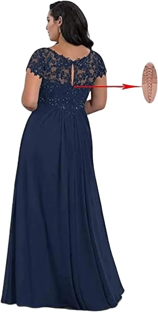 A Line Mother of The Bride Dresses V Neck Short Sleeves Chiffon Formal Evening Gowns Lace