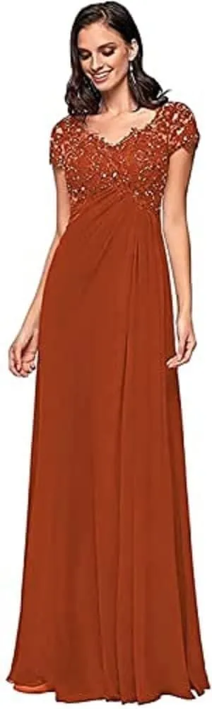 A Line Mother of The Bride Dresses V Neck Short Sleeves Chiffon Formal Evening Gowns Lace