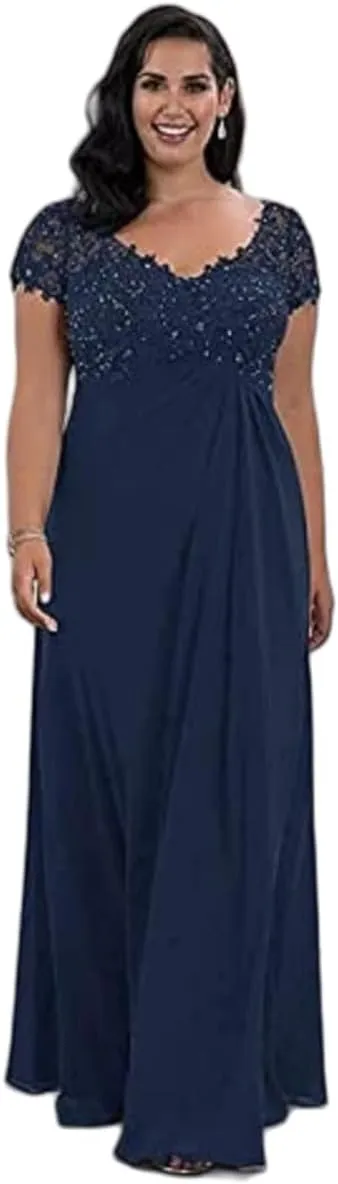 A Line Mother of The Bride Dresses V Neck Short Sleeves Chiffon Formal Evening Gowns Lace