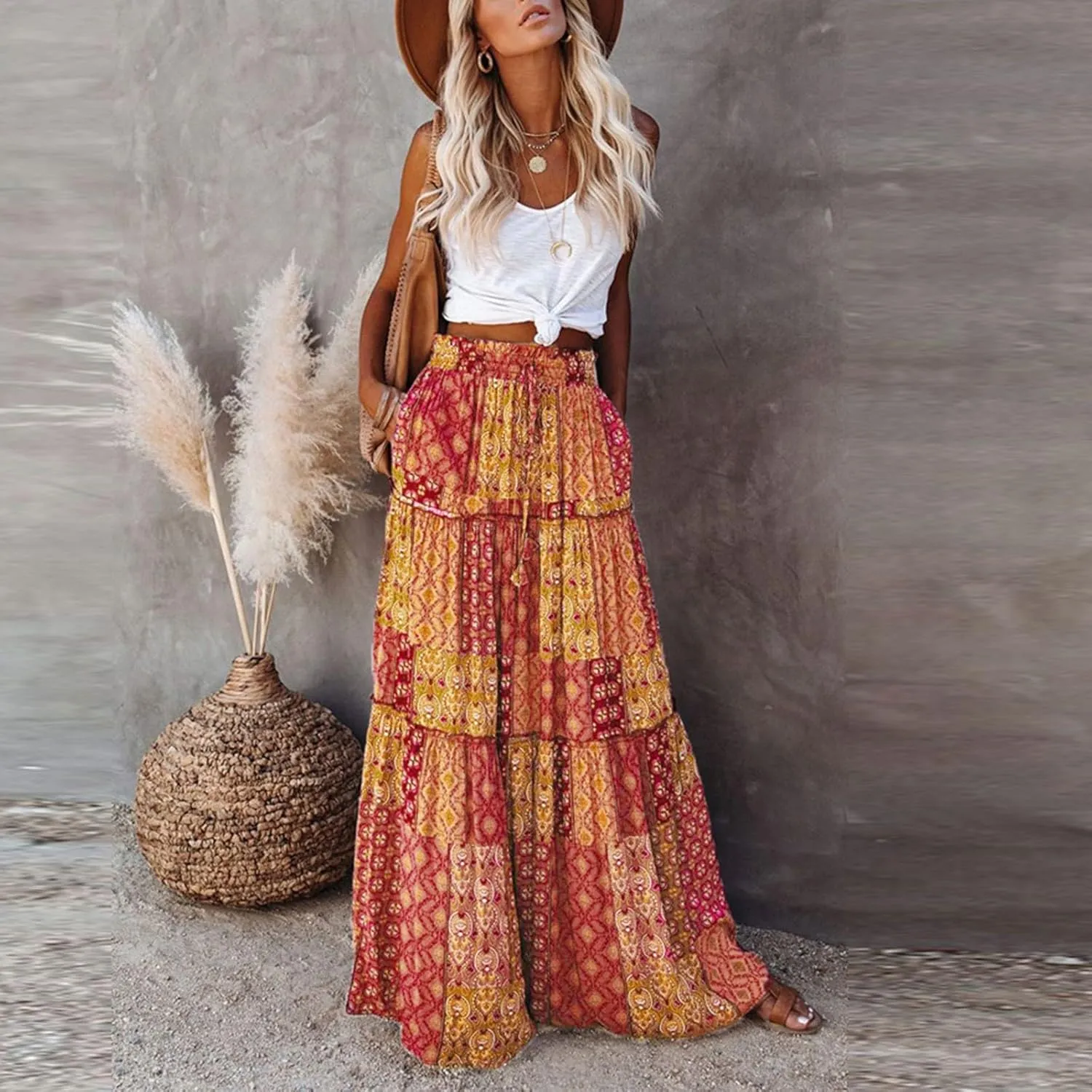 ADHOWBEW Boho Skirts for Women Floral Print African Cotton High Waist Smocked Sexy Beach Skirts