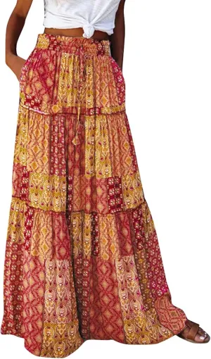 ADHOWBEW Boho Skirts for Women Floral Print African Cotton High Waist Smocked Sexy Beach Skirts