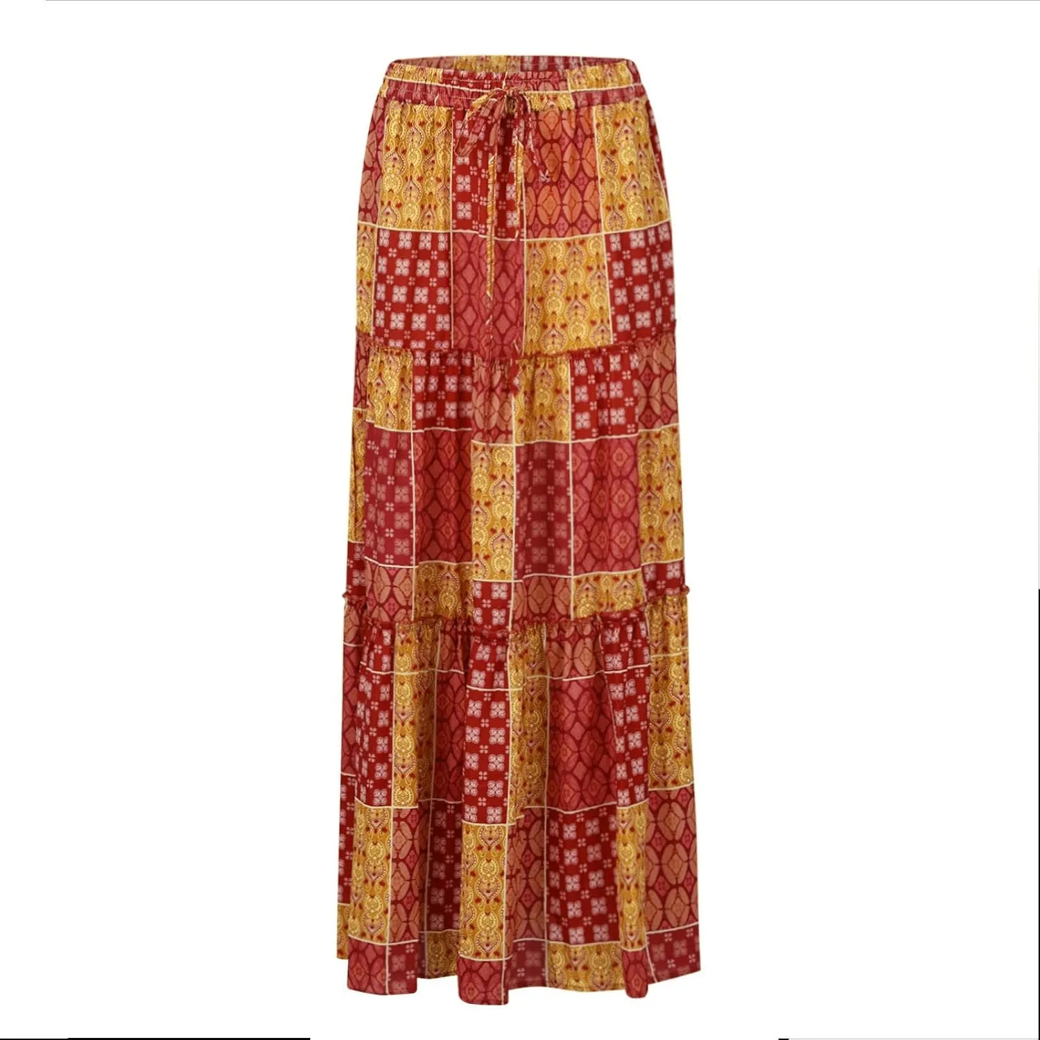 ADHOWBEW Boho Skirts for Women Floral Print African Cotton High Waist Smocked Sexy Beach Skirts
