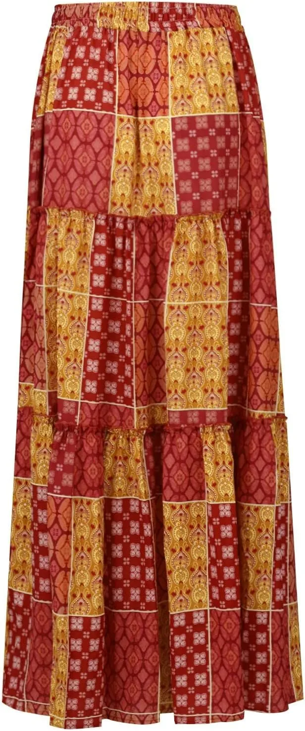 ADHOWBEW Boho Skirts for Women Floral Print African Cotton High Waist Smocked Sexy Beach Skirts