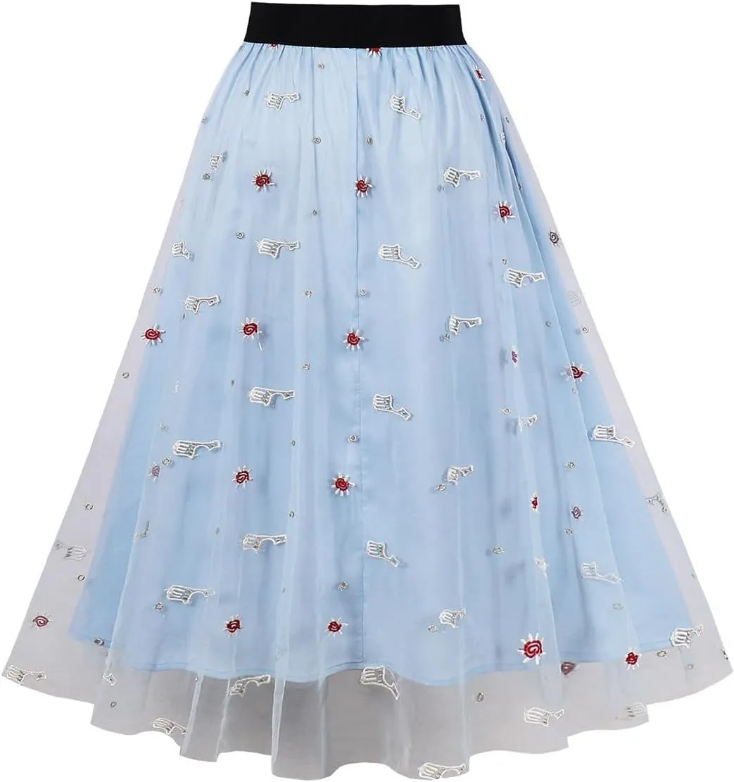 Adult A-line Tulle Skirt Bridesmaid Pleated Skirt for Women High Waist Layered Skirt Floral Print Mesh Midi Skirts