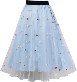 Adult A-line Tulle Skirt Bridesmaid Pleated Skirt for Women High Waist Layered Skirt Floral Print Mesh Midi Skirts