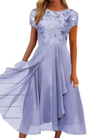 Akivide Women's Summer Chiffon Lace Maxi Dresses Short Sleeve Flowy Formal Evening Wedding Guest Dress