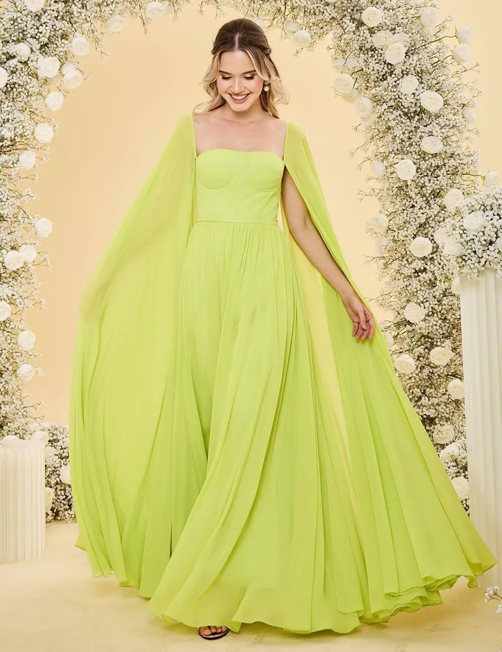 ALFEICE Chiffon Bridesmaid Dresses for Women with Cape Sleeves 2025 A Line Wedding Guest Dress Formal Evening Gowns