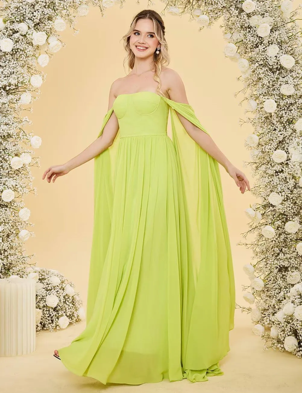 ALFEICE Chiffon Bridesmaid Dresses for Women with Cape Sleeves 2025 A Line Wedding Guest Dress Formal Evening Gowns