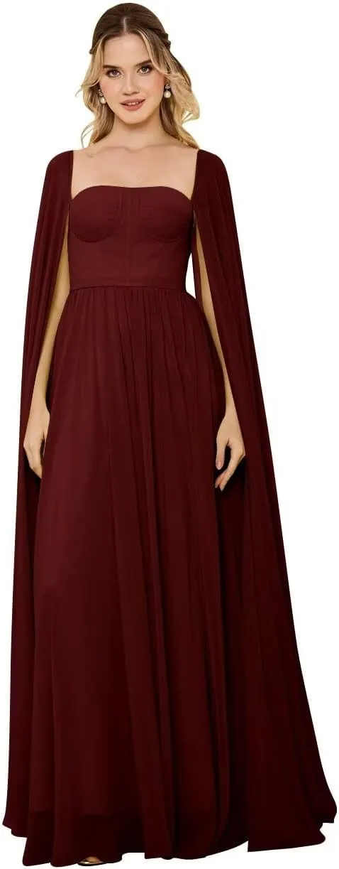 ALFEICE Chiffon Bridesmaid Dresses for Women with Cape Sleeves 2025 A Line Wedding Guest Dress Formal Evening Gowns