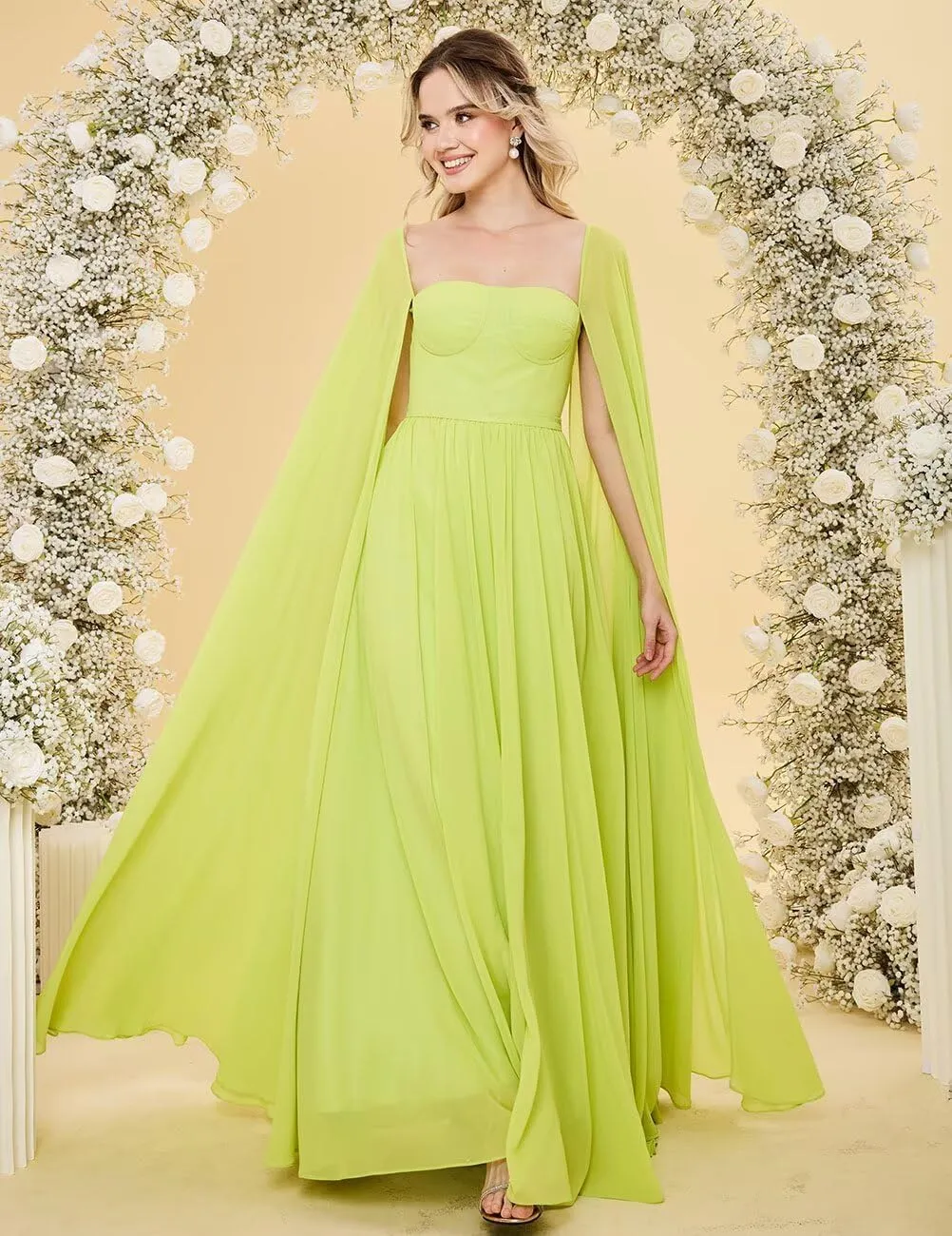 ALFEICE Chiffon Bridesmaid Dresses for Women with Cape Sleeves 2025 A Line Wedding Guest Dress Formal Evening Gowns