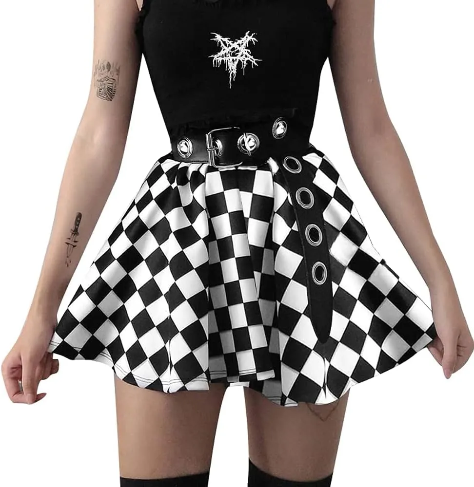 AULKEEP Gothic Black Plaid Skirts Elastic Waist Mini Skirt Goth Harajuku Patchwork Skirt with Belt