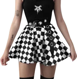 AULKEEP Gothic Black Plaid Skirts Elastic Waist Mini Skirt Goth Harajuku Patchwork Skirt with Belt