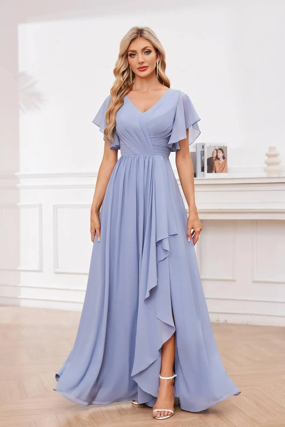 AUMEELAM Women's V-Neck Short Sleeve Bridesmaid Dresses for Wedding Pleated Chiffon Evening Formal Gowns with Slit