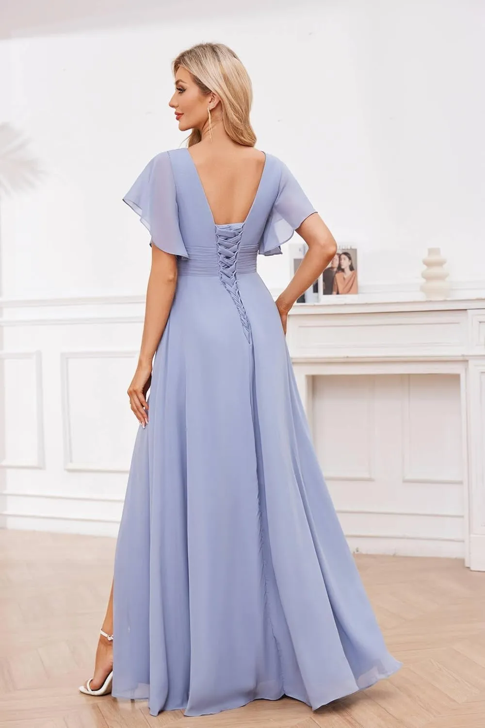 AUMEELAM Women's V-Neck Short Sleeve Bridesmaid Dresses for Wedding Pleated Chiffon Evening Formal Gowns with Slit