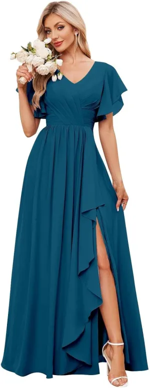 AUMEELAM Women's V-Neck Short Sleeve Bridesmaid Dresses for Wedding Pleated Chiffon Evening Formal Gowns with Slit