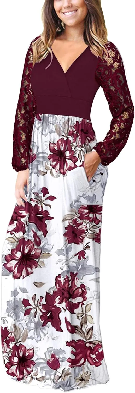 AUSELILY Womens Long Sleeve Maxi Dress 2025 Fall Lace Sleeve Dress V Neck Wrap Waist Long Dresses with Pockets