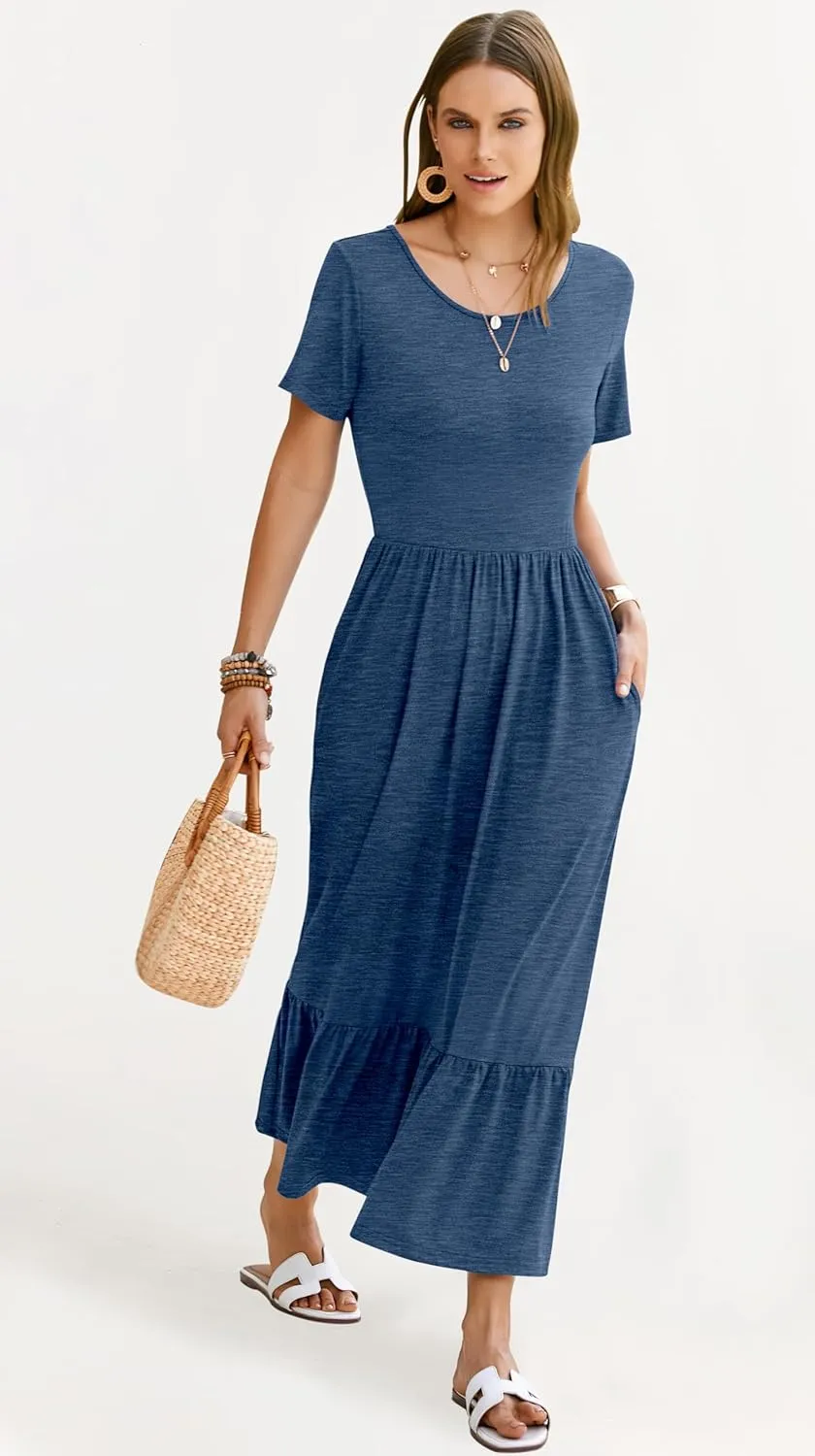 AUSELILY Womens Summer Dresses 2025 Short Sleeve Maxi Dress Crewneck Casual Sundresses with Pockets