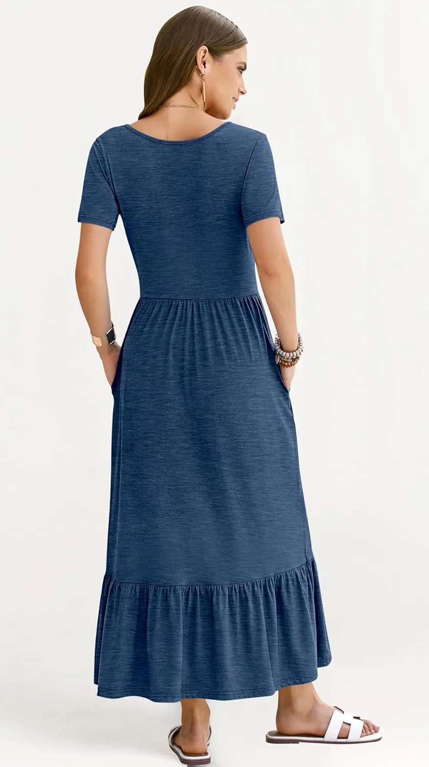 AUSELILY Womens Summer Dresses 2025 Short Sleeve Maxi Dress Crewneck Casual Sundresses with Pockets