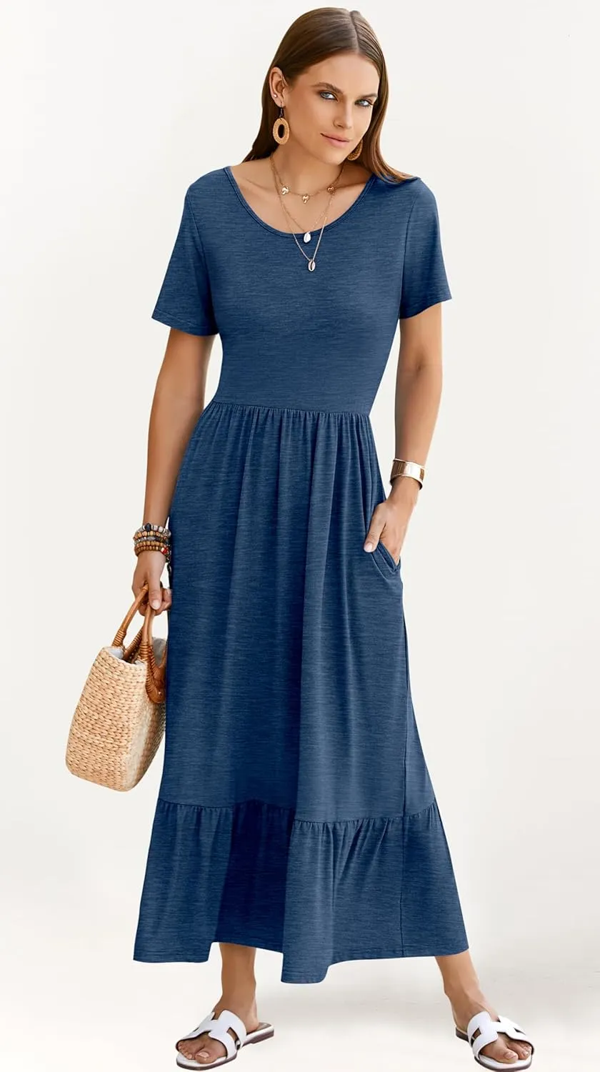 AUSELILY Womens Summer Dresses 2025 Short Sleeve Maxi Dress Crewneck Casual Sundresses with Pockets