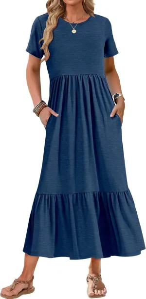 AUSELILY Womens Summer Dresses 2025 Short Sleeve Maxi Dress Crewneck Casual Sundresses with Pockets