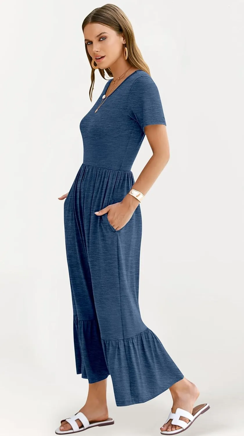 AUSELILY Womens Summer Dresses 2025 Short Sleeve Maxi Dress Crewneck Casual Sundresses with Pockets