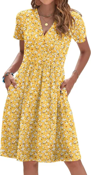 AUSELILY Womens Summer Dresses 2025 Short Sleeve V Neck Floral Sundress with Pockets