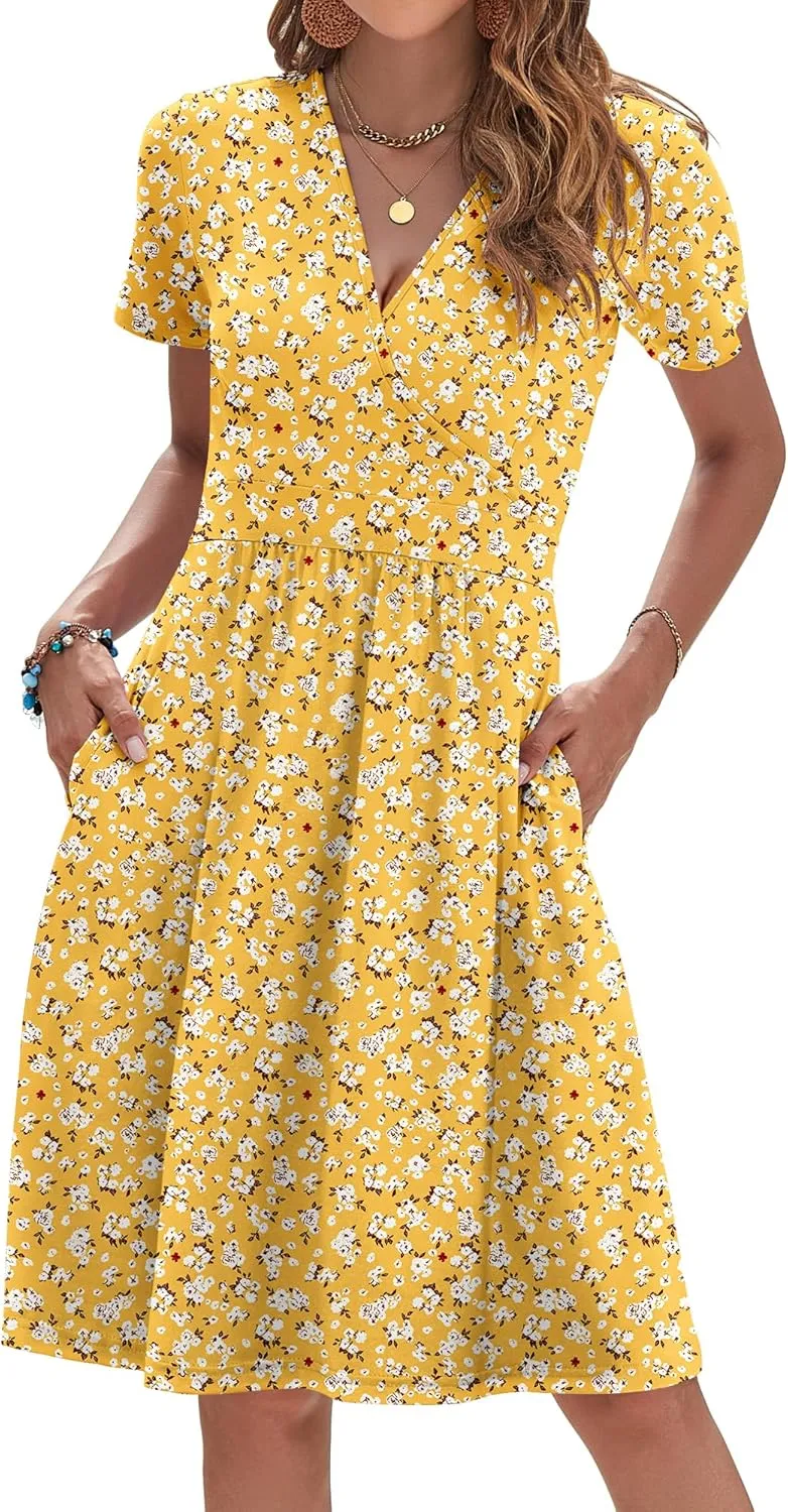 AUSELILY Womens Summer Dresses 2025 Short Sleeve V Neck Floral Sundress with Pockets