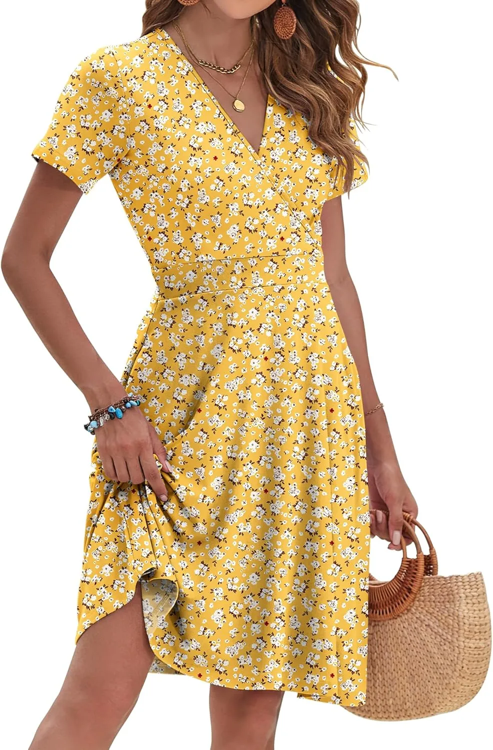 AUSELILY Womens Summer Dresses 2025 Short Sleeve V Neck Floral Sundress with Pockets