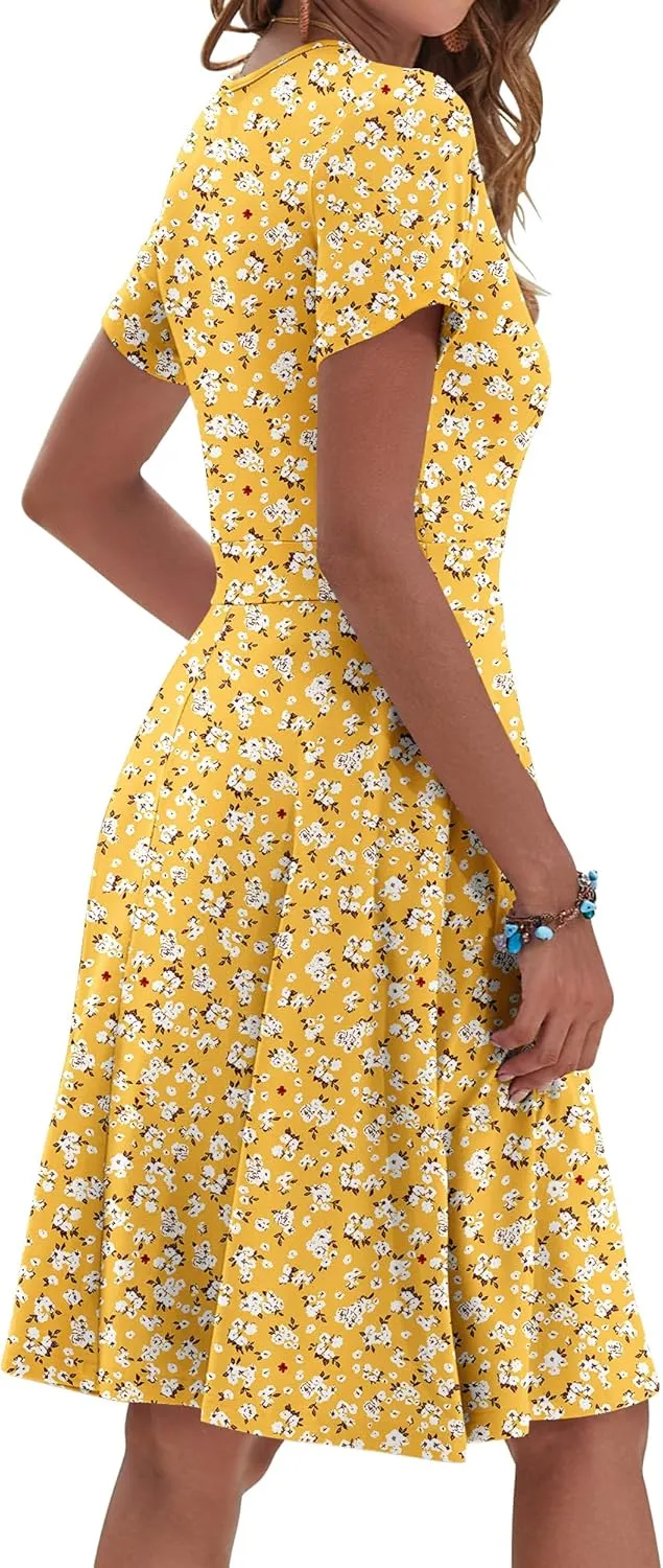 AUSELILY Womens Summer Dresses 2025 Short Sleeve V Neck Floral Sundress with Pockets