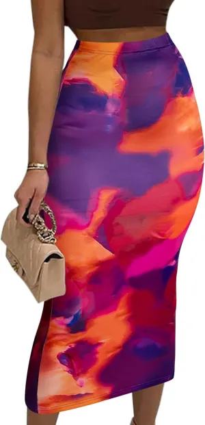 Avanova Women Floral Print Pencil Midi Skirt High Waisted Tight Bodycon Skirts