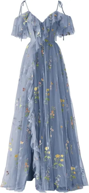 Basgute Women's Flower Embroidery Tulle Prom Dresses Slit Long Spaghetti Straps V Neck Fairy Formal Evening Party Gown
