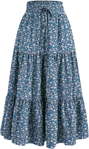BAXLIMEK Midi Skirts for Women,2025 Spring Summer Trendy Ruffle Tiered A-Line Boho Skirts,Elastic Waist Flowy Beach Dress