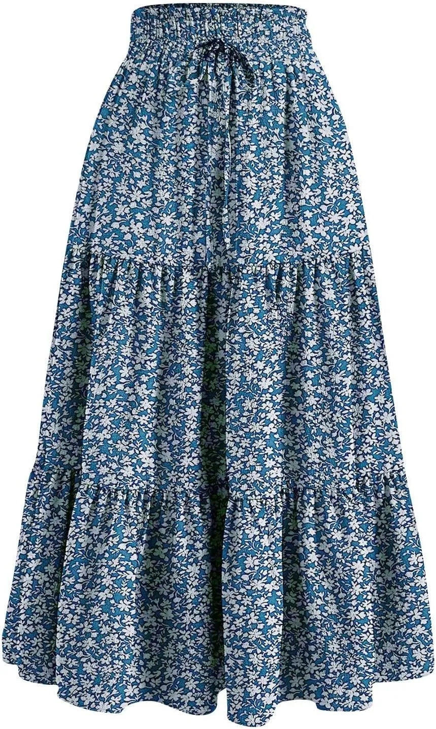 BAXLIMEK Midi Skirts for Women,2025 Spring Summer Trendy Ruffle Tiered A-Line Boho Skirts,Elastic Waist Flowy Beach Dress
