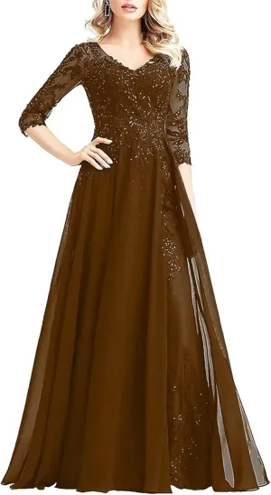 Beaded Appliques Mother of The Bride Dresses for Wedding Chiffon Long Formal Evening Dress with Sleeves