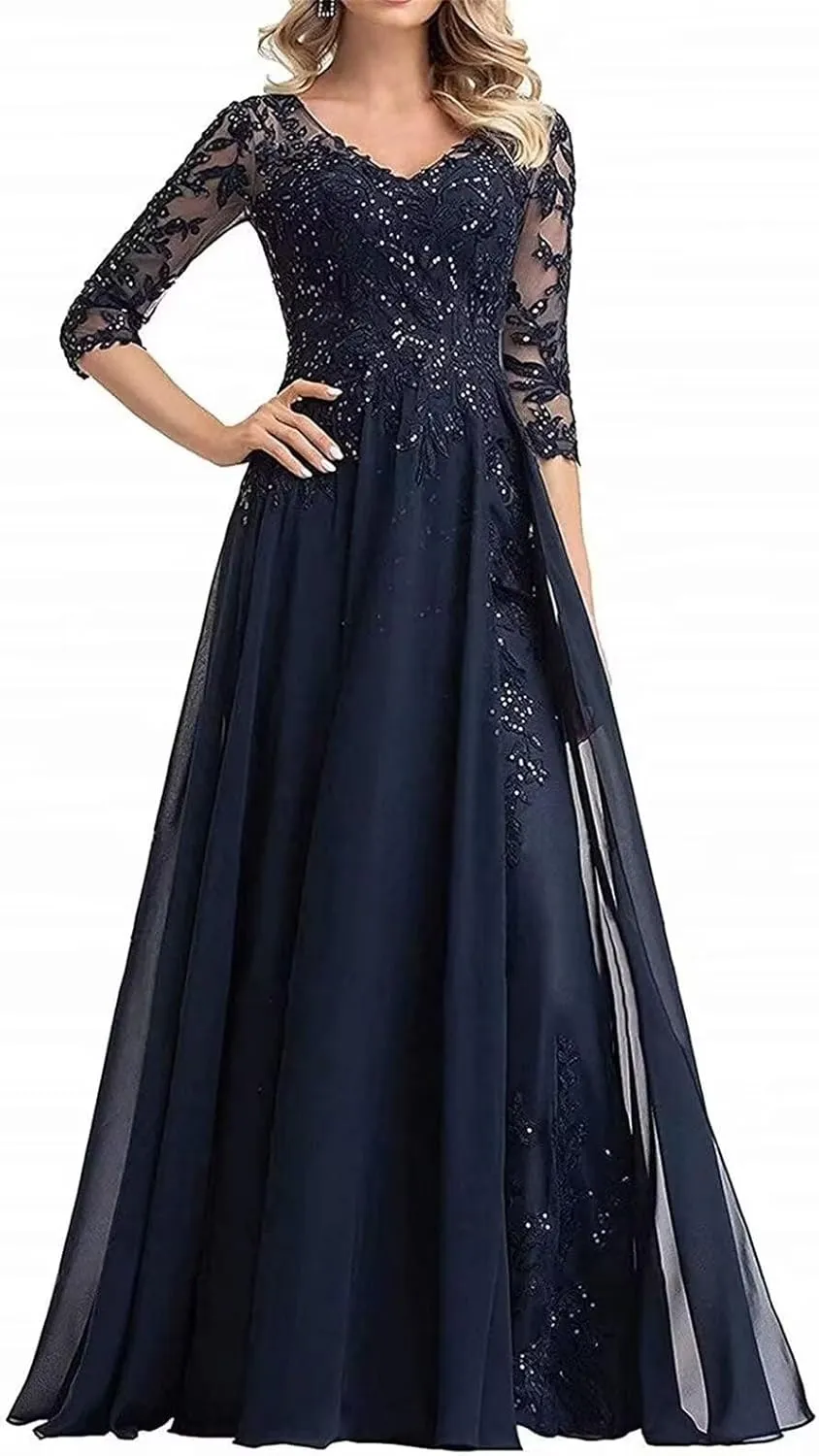 Beaded Appliques Mother of The Bride Dresses for Wedding Chiffon Long Formal Evening Dress with Sleeves