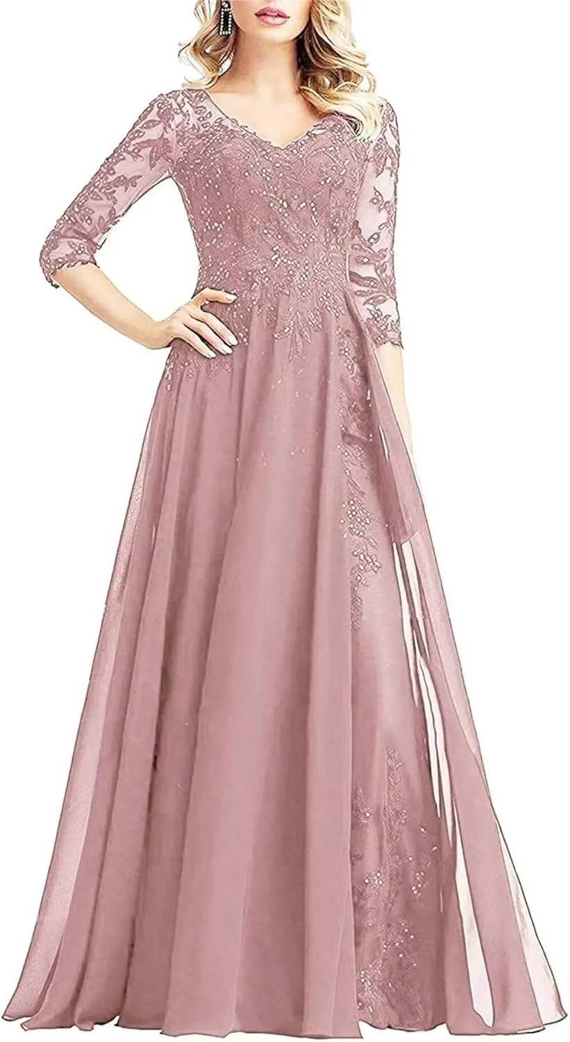 Beaded Appliques Mother of The Bride Dresses for Wedding Chiffon Long Formal Evening Dress with Sleeves
