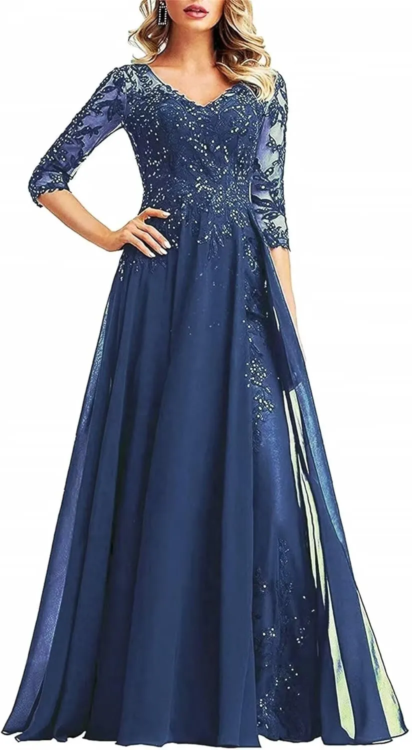 Beaded Appliques Mother of The Bride Dresses for Wedding Chiffon Long Formal Evening Dress with Sleeves
