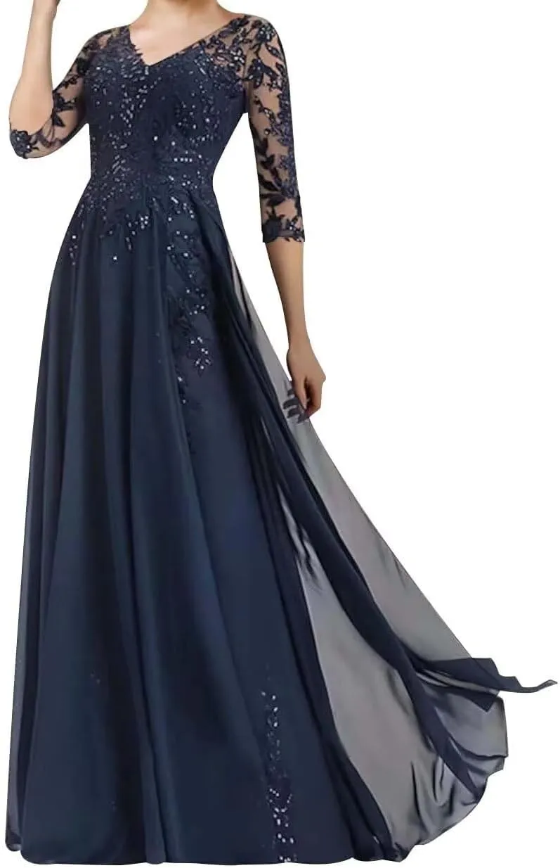 Beaded Appliques Mother of The Bride Dresses for Wedding Chiffon Long Formal Evening Dress with Sleeves