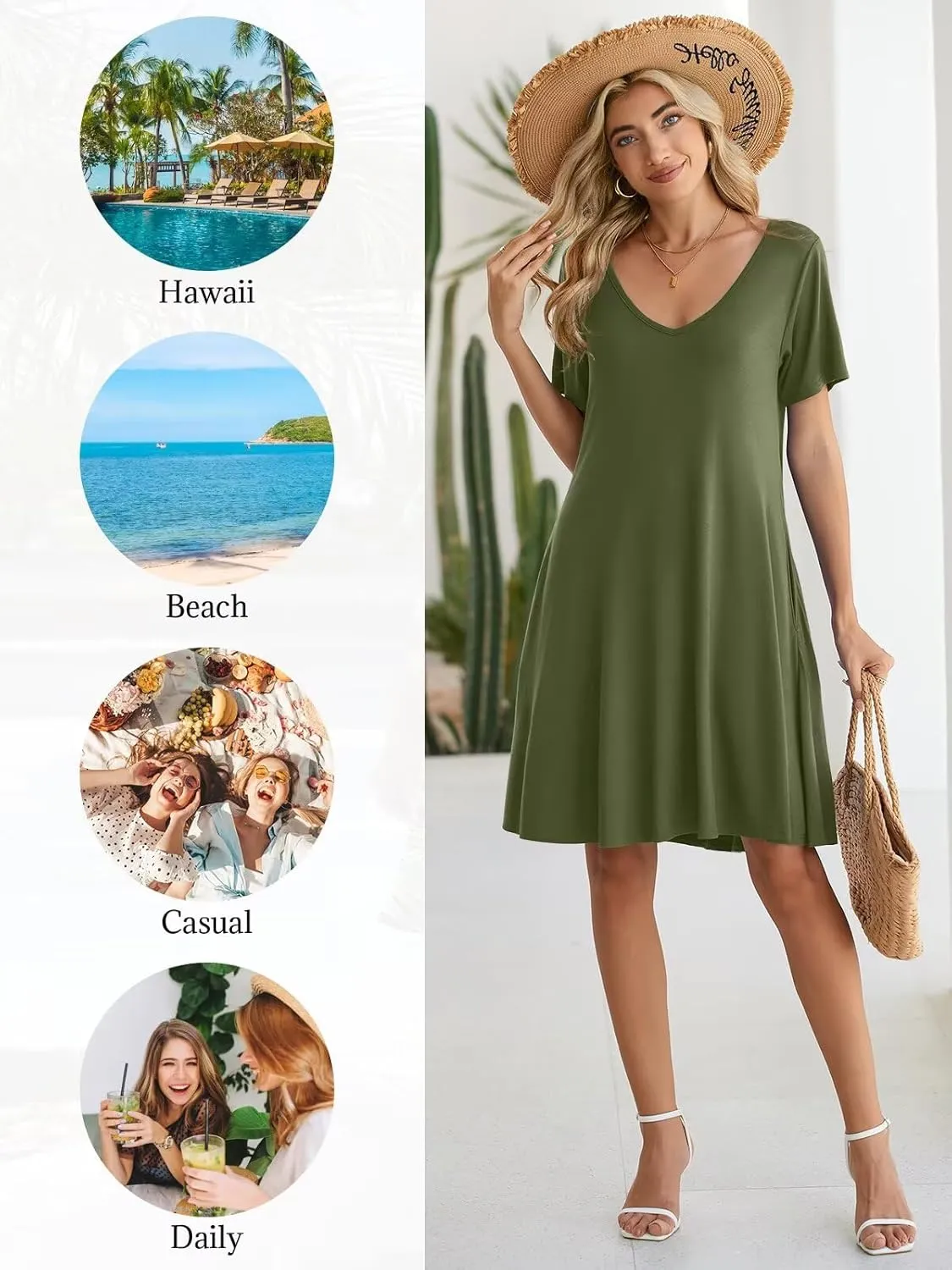 BELAROI Women Casual Summer Dresses Loose Tshirt Beach Sundress V Neck Plus Size Swing Tunic Pockets