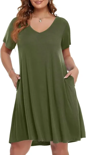 BELAROI Women Casual Summer Dresses Loose Tshirt Beach Sundress V Neck Plus Size Swing Tunic Pockets