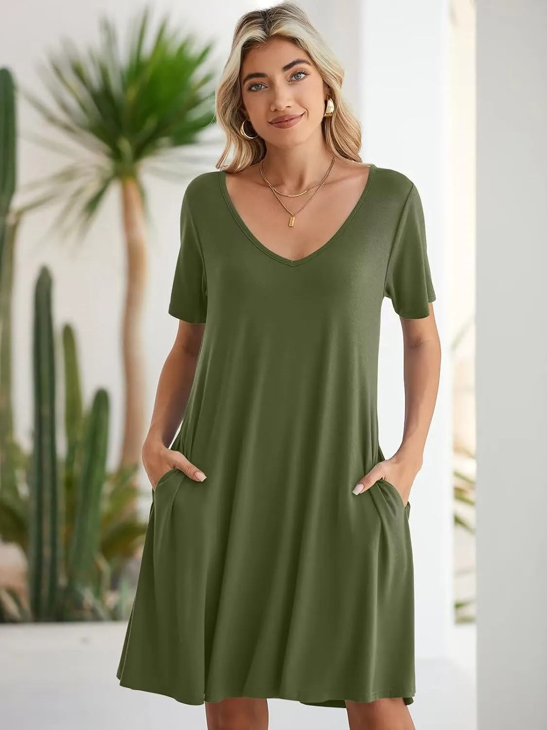 BELAROI Women Casual Summer Dresses Loose Tshirt Beach Sundress V Neck Plus Size Swing Tunic Pockets