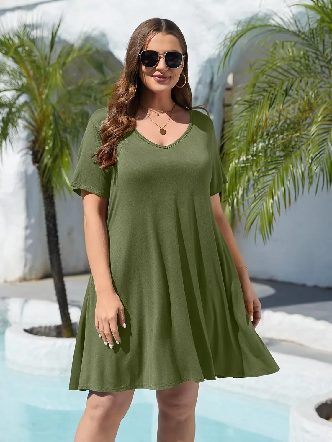 BELAROI Women Casual Summer Dresses Loose Tshirt Beach Sundress V Neck Plus Size Swing Tunic Pockets