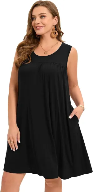 BELAROI Women Plus Size Summer Dresses Sundress Casual Scoop Neck Pleated Sleeveless Tank Dress Cover Ups with Pockets
