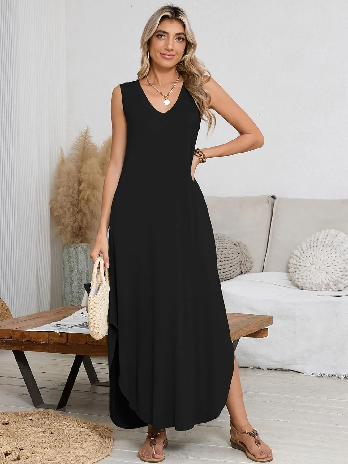 BELAROI Womens Plus Size Maxi Dress Sundress Summer Casual Sleeveless V Neck Pockets Beach Swimsuit Coverup Loose